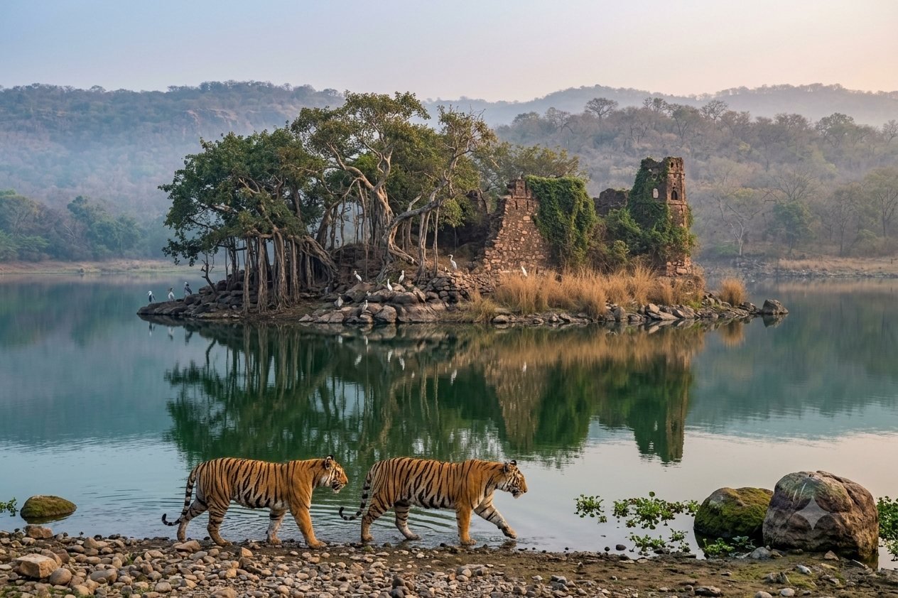 Two tigers walking beside a Ranthambore lake